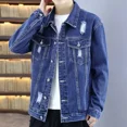 thumbnail image 3 of Chaquetas vaqueras para hombre, abrigo vaquero claro de otoño para hombre, roto con agujero, moda, precio bajo, una pieza, estilo vintage Y2k G coreano desgastado, 3 of 5