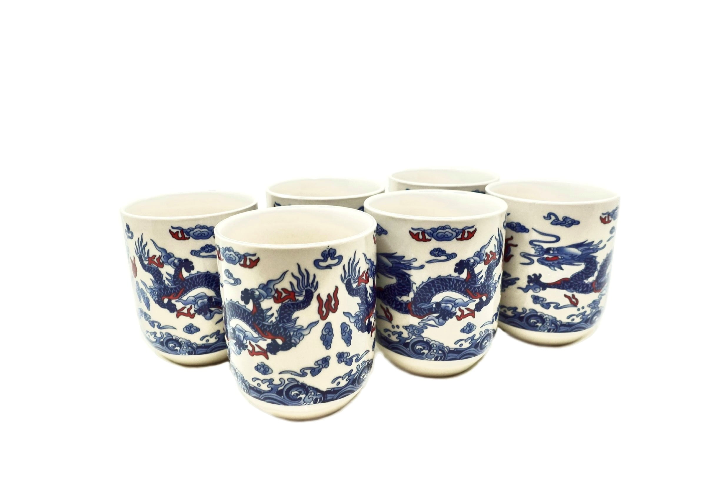 Set Of 6 Eastern Asian Design Ceramic Tea Cups In White with Blue