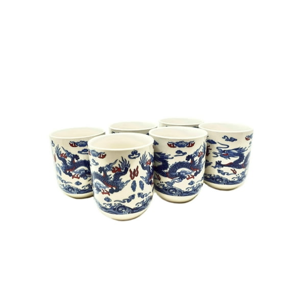 Set Of 6 Eastern Asian Design Ceramic Tea Cups In White with Blue Dragon - 8 OZ Capacity Each