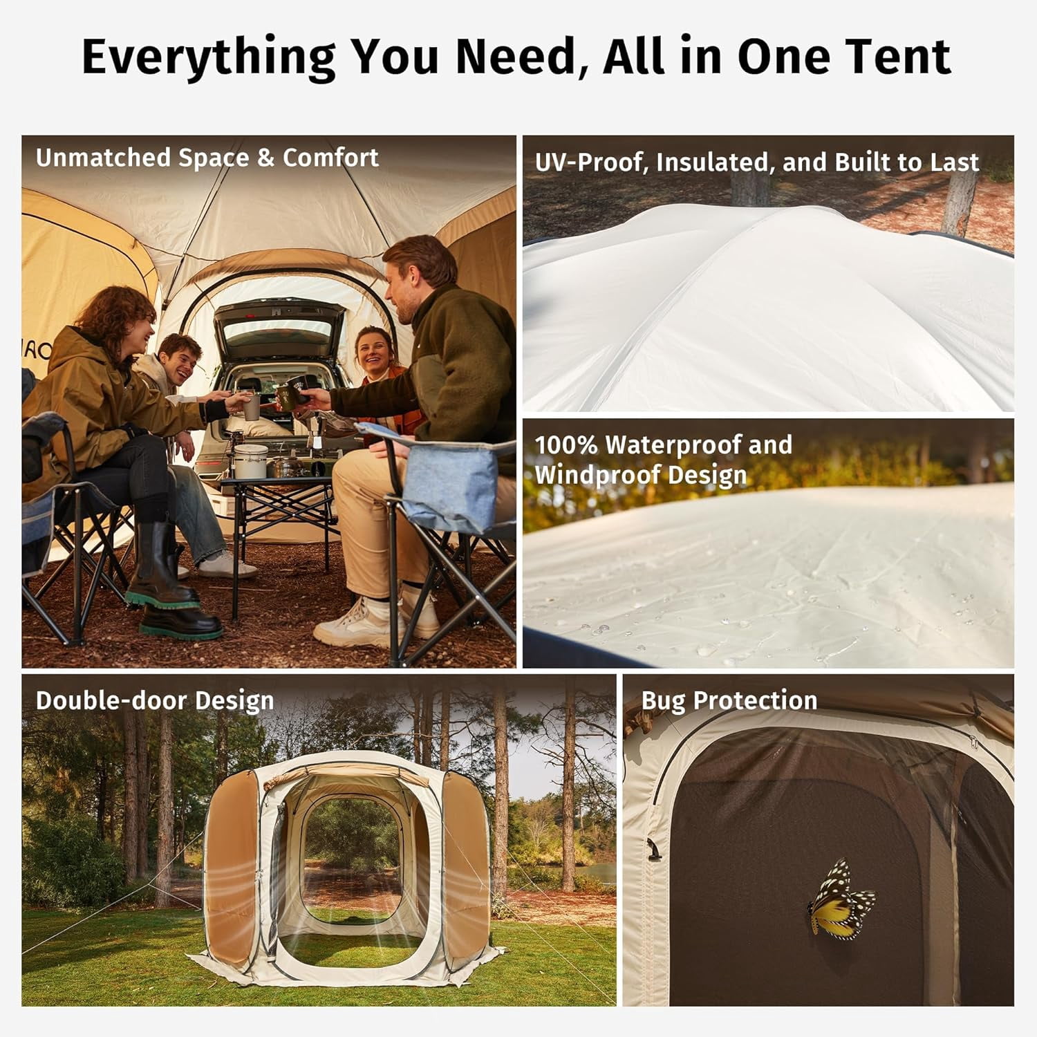 East Oak 12×12 FT 10 Person Family Canopy Tent Outdoor Screen House for Camping Beige