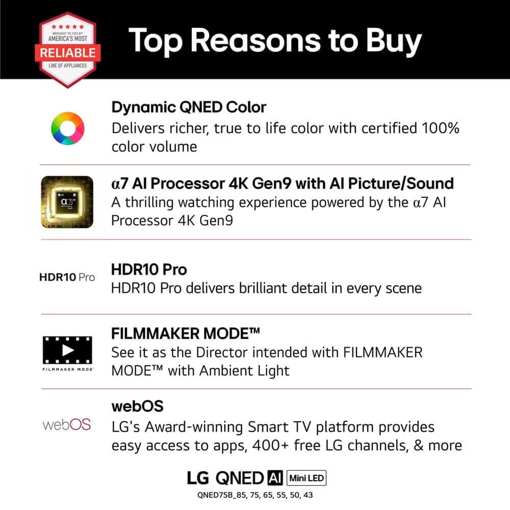 LG 65QNED75B 65 inch Class QNED75B Series 4K Mini LED Smart webOS TV