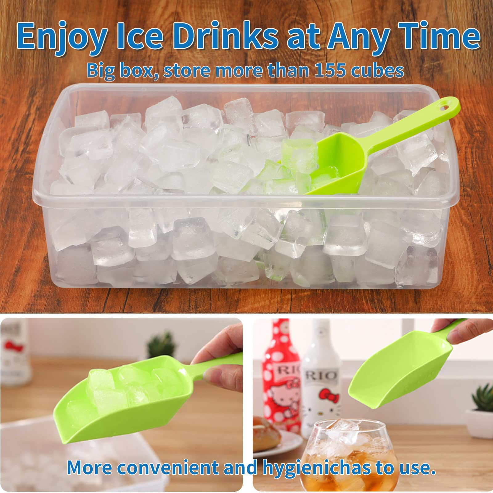 Yannee 3 Pcs 6 Cavity Ice Tray,Square Silicone Ice Molds,Ice Cube Tray with Lid and Bin for Freezer,Ice Bucket Ice Cube Tray,1*Pink+1*Gray+1*Blue