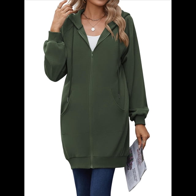 Sudadera con Capucha y Cremallera para Mujer, de Larga, de Forro Extragrande, Informal, con Bolsillo, para Otoño Verde Oscuro L