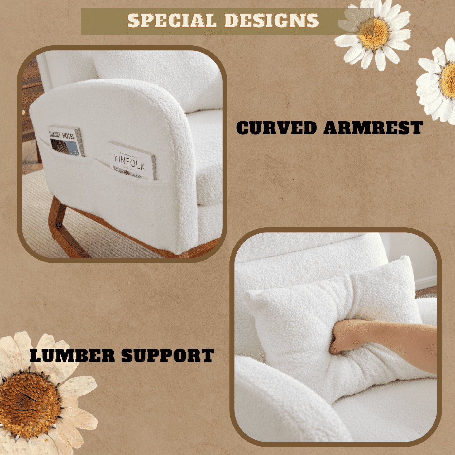 Rocking Chair Nursery with Thick Headrest, Upholstered Mid-Century Modern Nursing Rocker Glider with Curved Armrest, Sturdy Solid Wood Base for Living Room, Bedroom, Baby Room (White Teddy Fleece)