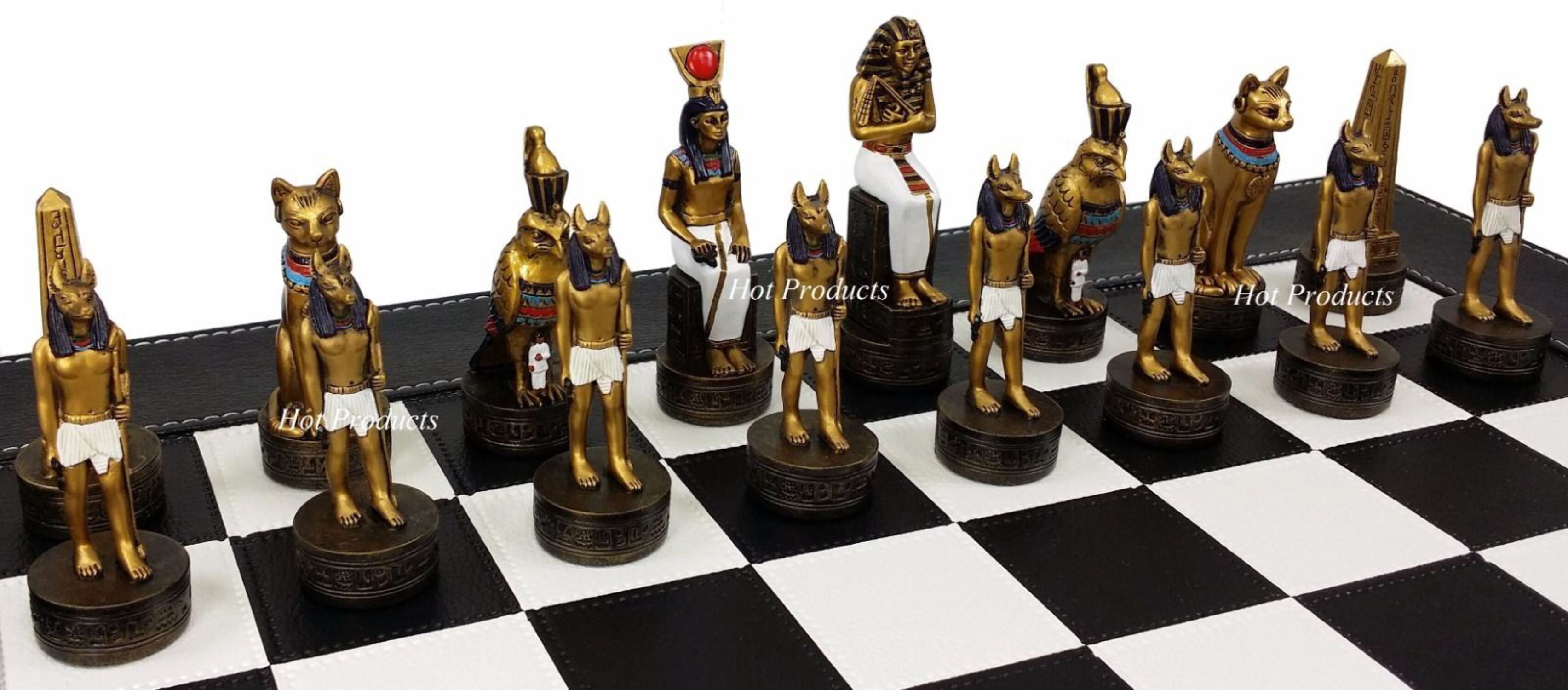 Egyptian Anubis Chess Set Gold  Silver Painted Men W/ 18" Faux Leather Board