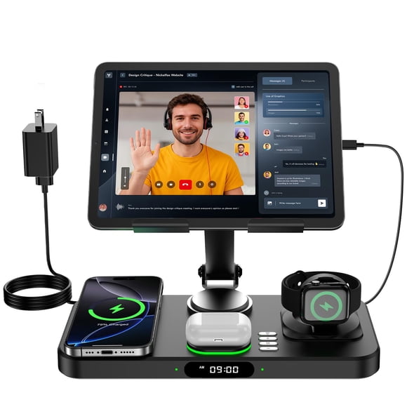 6 in 1 Wireless Charger for Apple Multiple Devices, Charging Station with Clock &7 Color Ambient Light, Foldable Rotate Stand for iPad, for iPhone17/