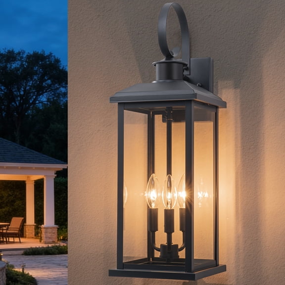 C Cattleya 23.75inch 3-Light Matte Black Outdoor Wall Lantern with Clear Tempered Glass