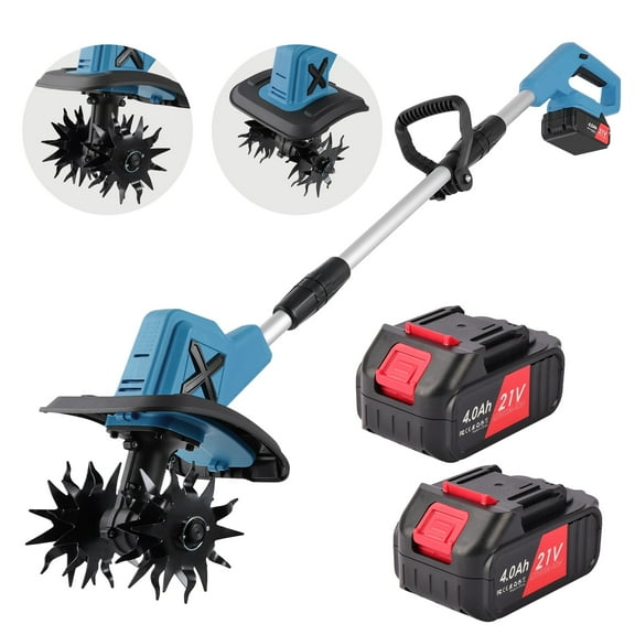 HUSGW 21V Cordless Tiller Cultivator, 270RPM Electric Garden Tiller, with 2 * 4.0Ah Batteries & Charger, 9In Tilling Width and 6In Depth Garden Rototiller for Lawn/Gardening/Soil Cultivation