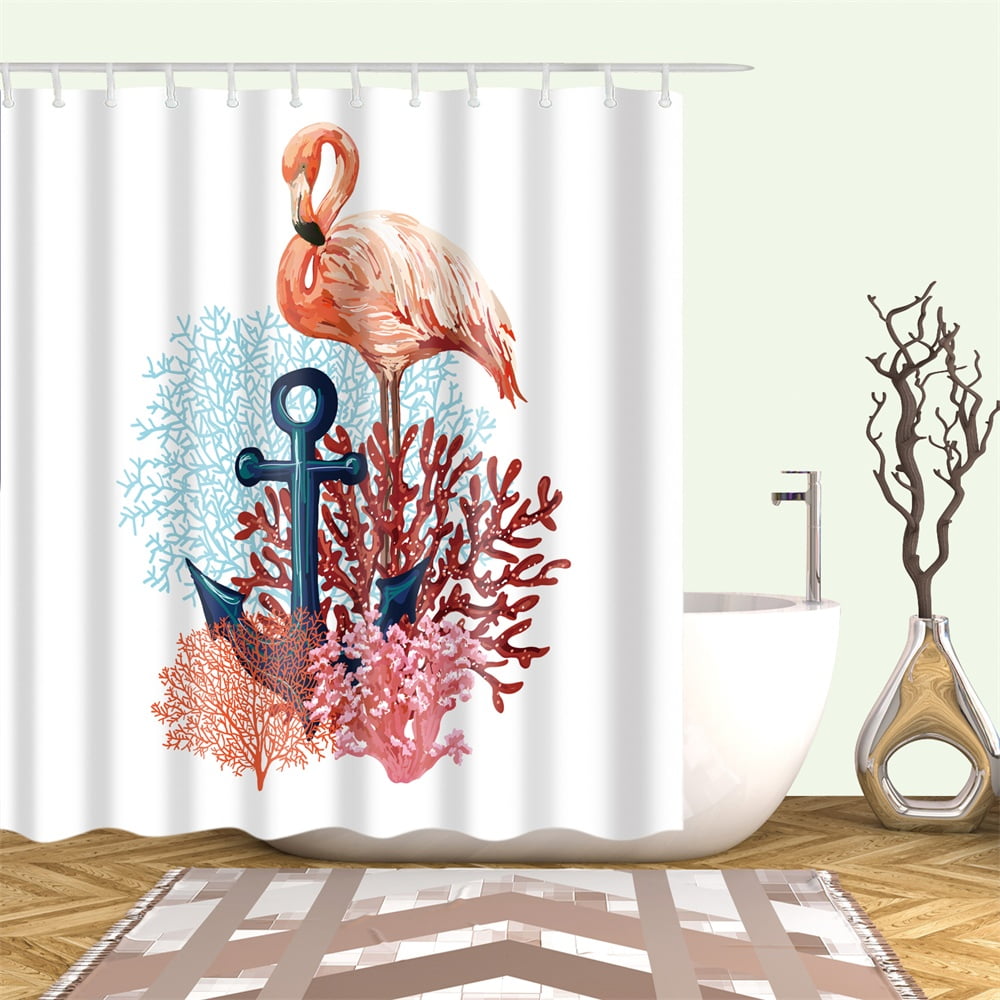 Flamingo Anchor Shower Curtain Set With Hooks Pink Coral Blue Coral Navy Anchor Modern Stylish Bathroom Decor Waterproof Polyester Fabric Bathroom Accessories Bath Curtain White Pink Walmart Canada