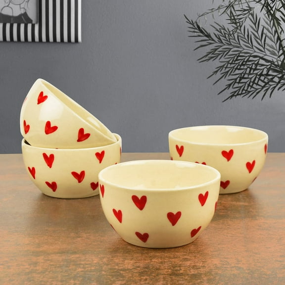 Hand Painted Ceramic Dining Bowls Set Of 4 - 350ml Each, Off White & Red | Vegetable & Dessert Serving Bowls | Katoris