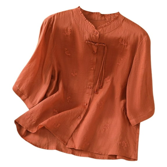 TYGHBN Women's Vintage Embroidered Linen T Shirt Loose Fit Stand Collar Casual Daily Wear Women Running T Shirt Valentines Day Shirts for Men Short Sleeved Shirts for Women Casual Athletic Tops for