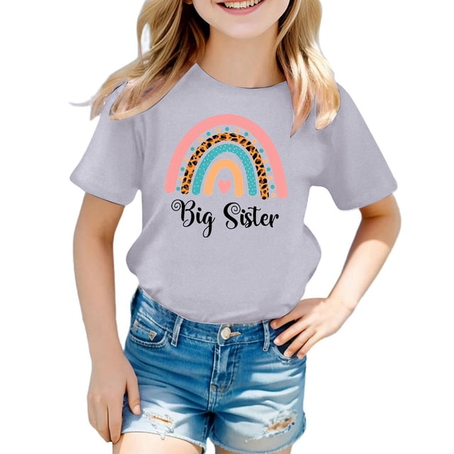 NINGMENG Hauts et T-Shirts pour Filles Enfants Imprimé Lettre Col Rond Manches Courtes Mode Décontractée Chandail T-Shirts Extérieur, Gris, 8-9 Ans