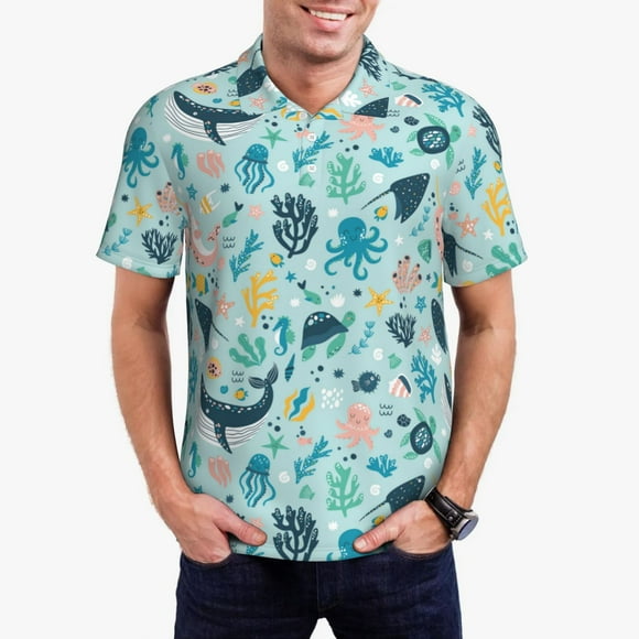 Saiise Polo de Golf pour Hommes à Imprimé d'Animaux Marins, Évacuation de l'Humidité, Séchage Rapide, Polo de Performance à Imprimé pour Hommes-Petit