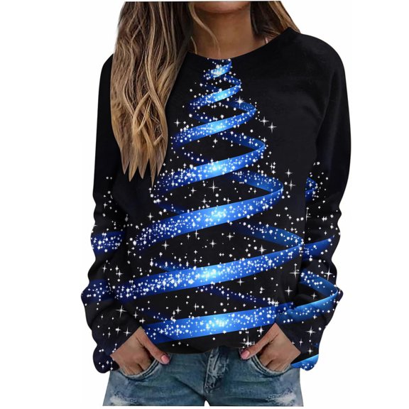 gakvbuo Ugly Christmas Sweater for Women 2024 Funny Christmas Sweatshirt Crewneck Xmas Print Long Sleeve Blouse Party Pullover Sweatshirt Tunic Tops Hoodless Shoulder Sweatshirt Gifts for Christmas