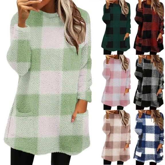 LSLJS Fleece Pullover Women Winter Warm Plus Size Crewneck Flannel Sweatshirt Casual Loose Plaid Color Block Printed Tops, S-3XL