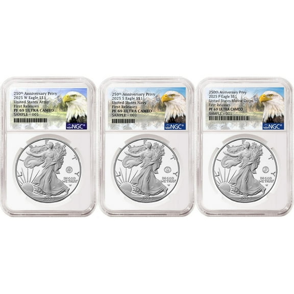 3 Coin Set, 2025 Silver Eagles 250th Anniversary Privy NGC PF69 FR Mtn
