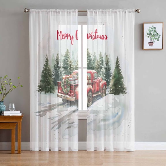 Red Truck Christmas Sheer Curtains 72 Inches Long 2 Panels Set, Window Sheer Curtains for Living Room/Bedroom, Xmas Tree Snowflake Light Filtering Rod Pocket Curtain 52'' x 72'' x 2