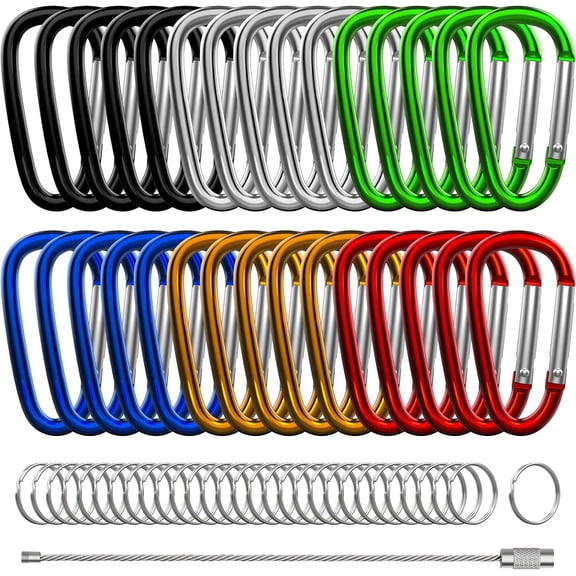 XIECHANEE 30PCS 2" Carabiner Clips, Small D Shape Carabiner Clips with Key Rings and Wire Keychain Cable, Multicolor