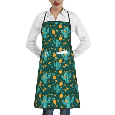 

Qekee Pineapple And Cactus Print Adjustable Bib Apron Resistant with Pocket Cooking Kitchen Aprons for Women Men Server Chef Apron