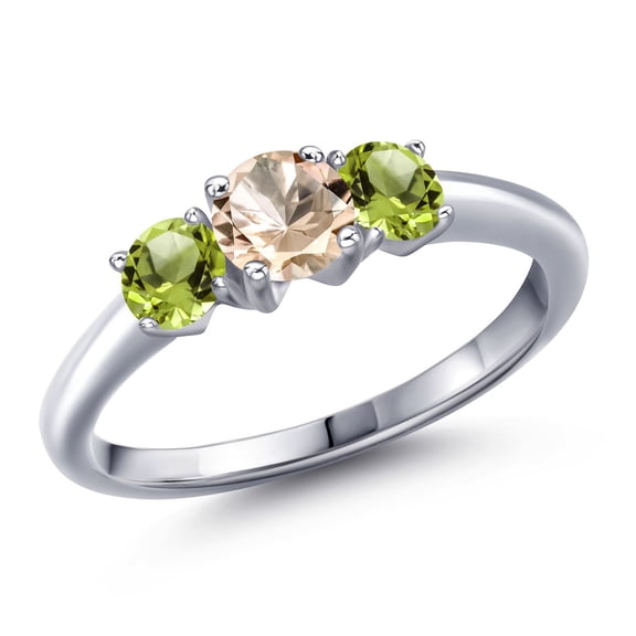 Gem Stone King 925 Sterling Silver Peach Morganite and Green Peridot Engagement Ring for Women | 1.00 Cttw | Round 5MM | Gemstone October Birthstone | Size 9