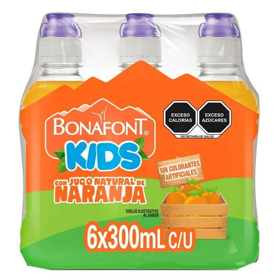 Agua Bonafont Kids con jugo natural de naranja tapa chupón pack 6 botellas 300 ml c/u