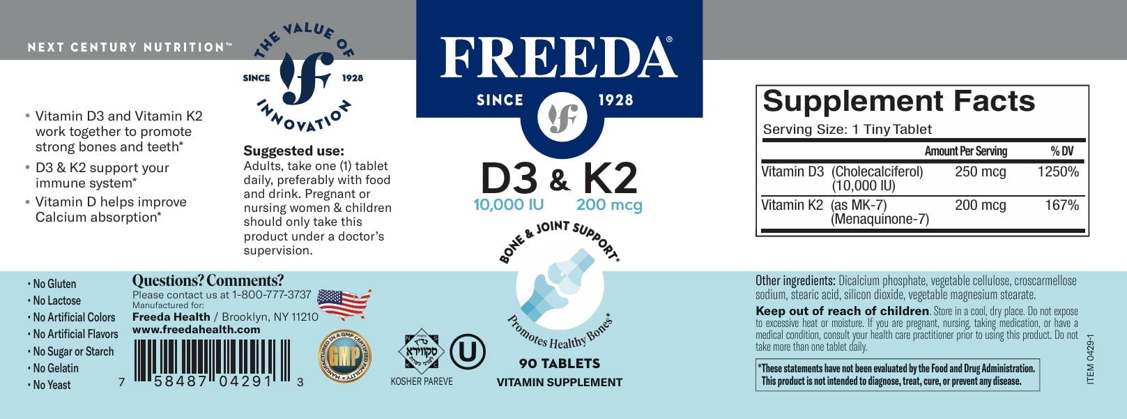 Freeda Vitamin D3 + K2, 10,000 IU & 200 mcg – High-Potency Tiny Tablets – Bone & Immune Support – 90 Ct