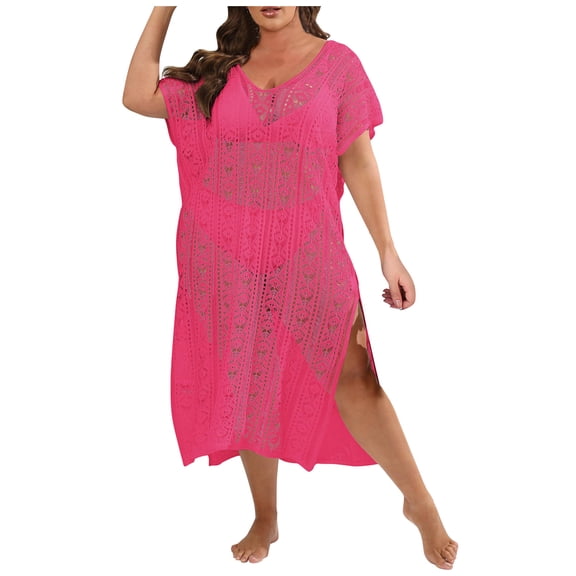 Ruimatai Plus Size Swimsuit Cover Up for Women Crochet Lace Beach Dress V Neck Side Slit Bathing Suit Coverup for Swimwear