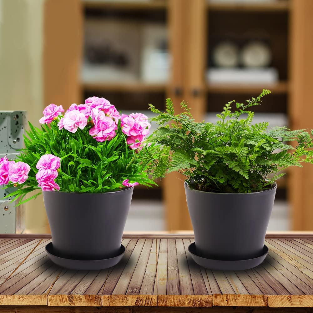 8 Pack 5.5 inch Plastic Planters, Plastic Indoor Planter Flower Pots, Topboutique Stylish 5.5 Inch Plant Pots for Indoor Plants with Drainage Holes and Tray for Plants, Flowers, Black