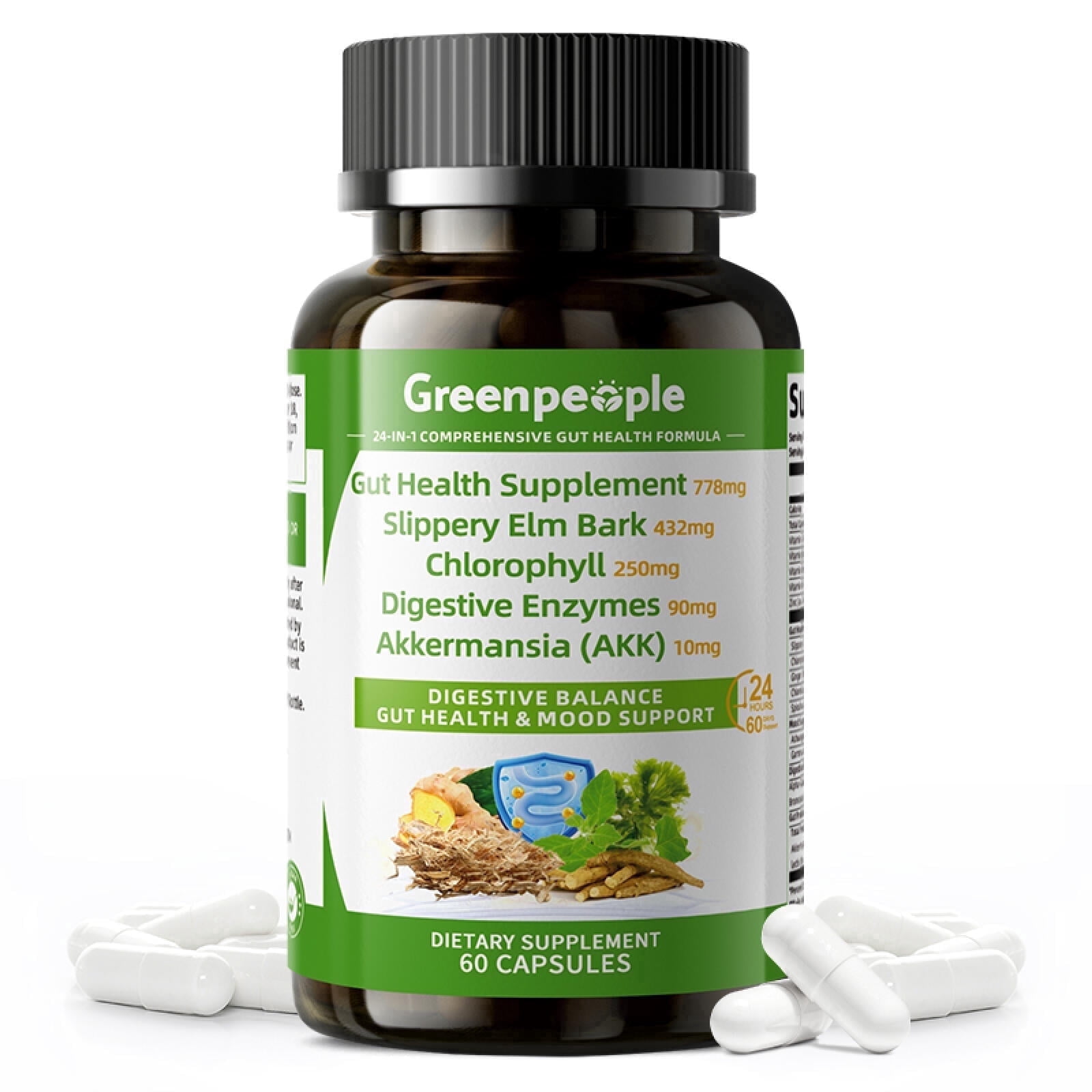 24-in-1 Gut & Mood Support Supplement - Slippery Elm Bark, Probiotics & Ashwagandha - 60 Capsules