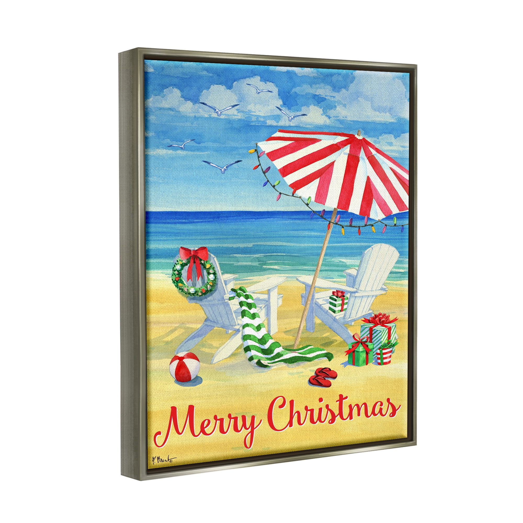 Stupell Industries Coastal Merry Christmas Holiday Painting Gray Floater Framed Art Print Wall Art, 17 x 21
