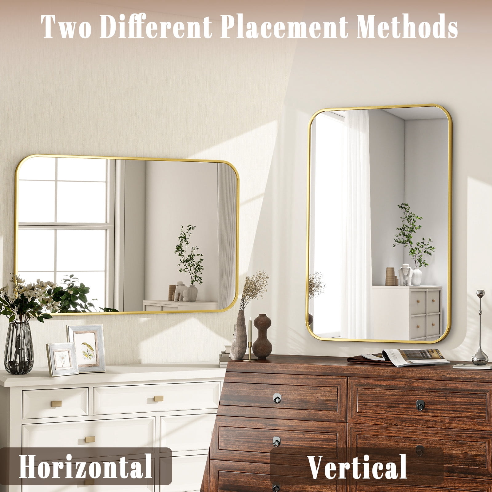 Gleamira 20"x28" Round Edge Rectangular Bathroom Mirror Wall Mounted, Gold