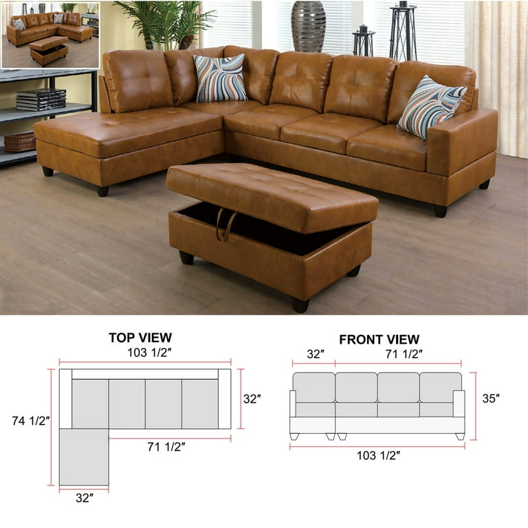 Ainehome Furniture Modern Sectional Sofa Set Ginger Leather Living Room Sets in Home with Storage Ottoman and Matching Pillows Right Hand Facing