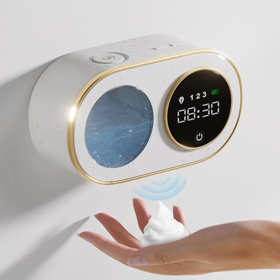 Automatic Foaming Soap Dispenser with HD LED Digital Clock Foam Soap Dispenser Wall Mount 3000mAh Rechargeable 12oz IPX5 Waterproof Auto Smart Electric Hand Soap Dispenser for Bathroom&Kitchen