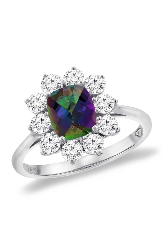 14K White Gold Diamond Natural Mystic Topaz Engagement Ring 8x6 mm Cushion, size 7