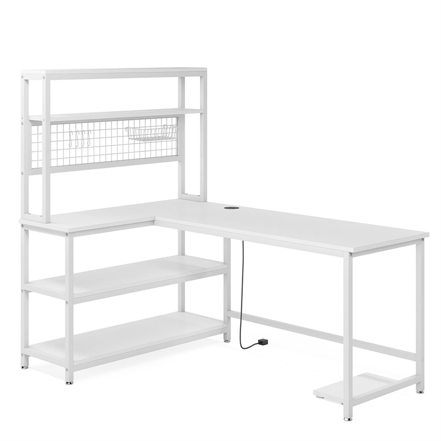Demi Bonn 55" Computer Desk with Wireless Charging, Office Desk with Shelves, Reversible L-Shaped Gaming Desk, Corner Desk with Storage, Work Desk, White