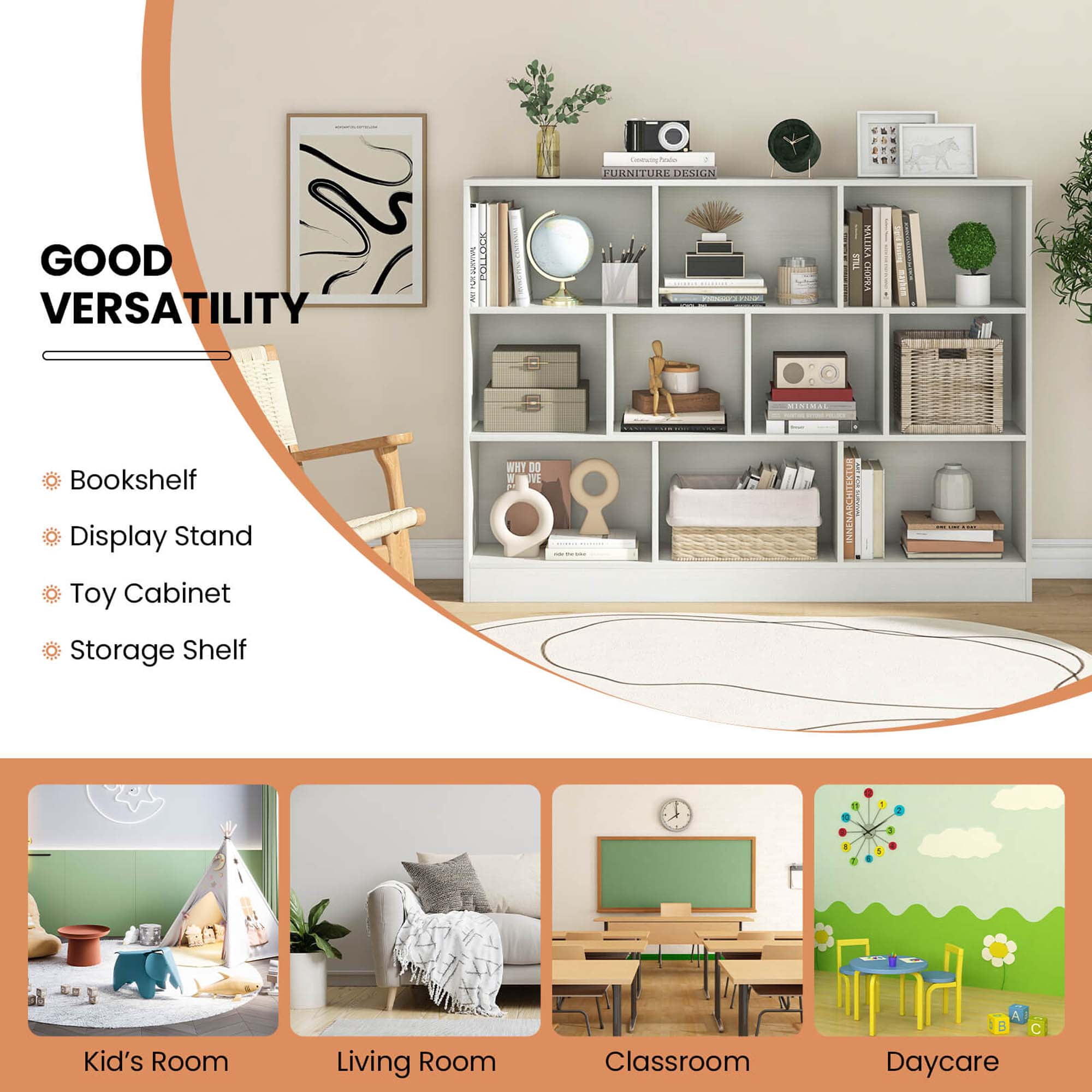 Costway 10-Cube Bookcase 41" Wooden Toy Storage Organizer for Kids Bookshelf White