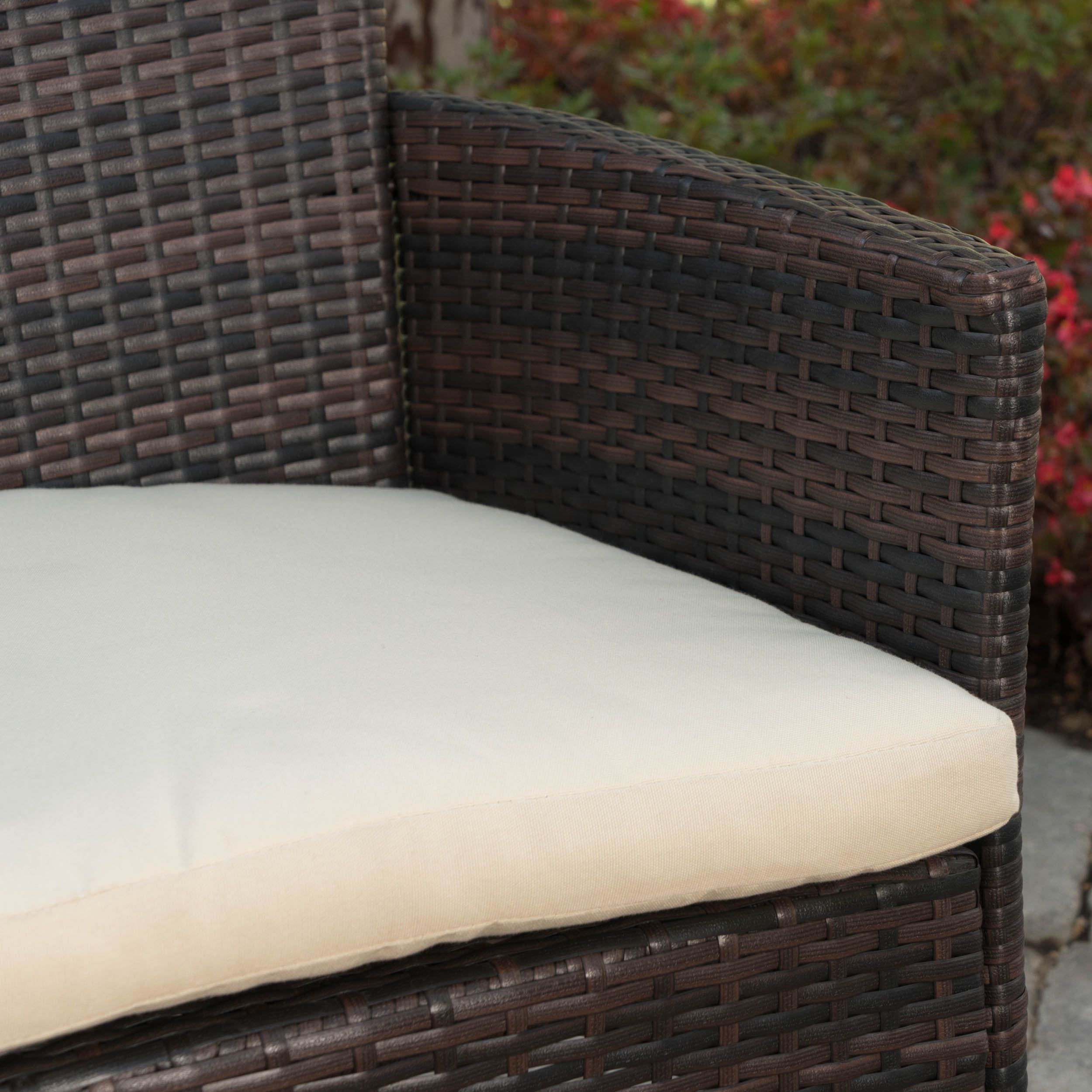 Olivia Outdoor 6-Piece Acacia Wood Dining Set with Wicker Dining Chairs and Cushions, Teak Finish, Multi-Brown, Beige