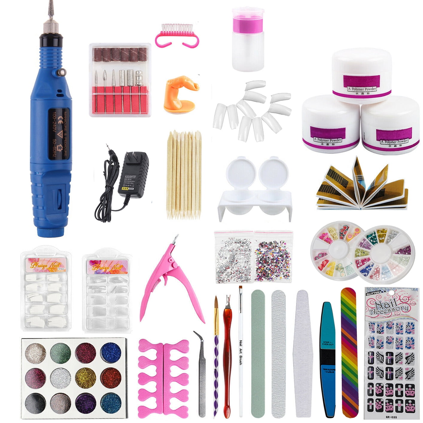 iMeshbean 1 Set Full Acrylic Powder Nail Art Tool Set Tips Brush Manicure Tool & Nail Drill Kit