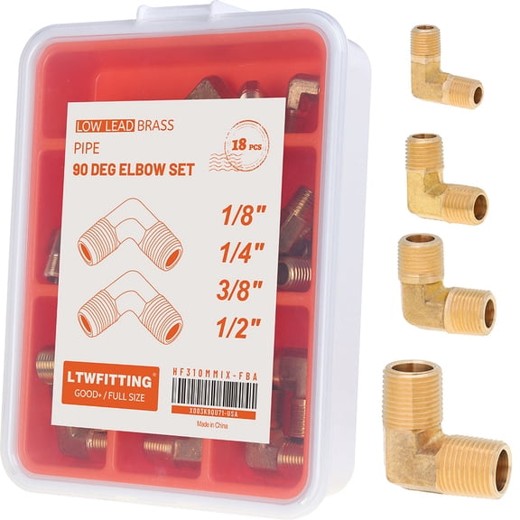 LTWFITTING Assortment Kit 1/8" 1/4" 3/8" 1/2" NPT Male Brass Pipe 90 Deg Elbow Set (Pack of 18)