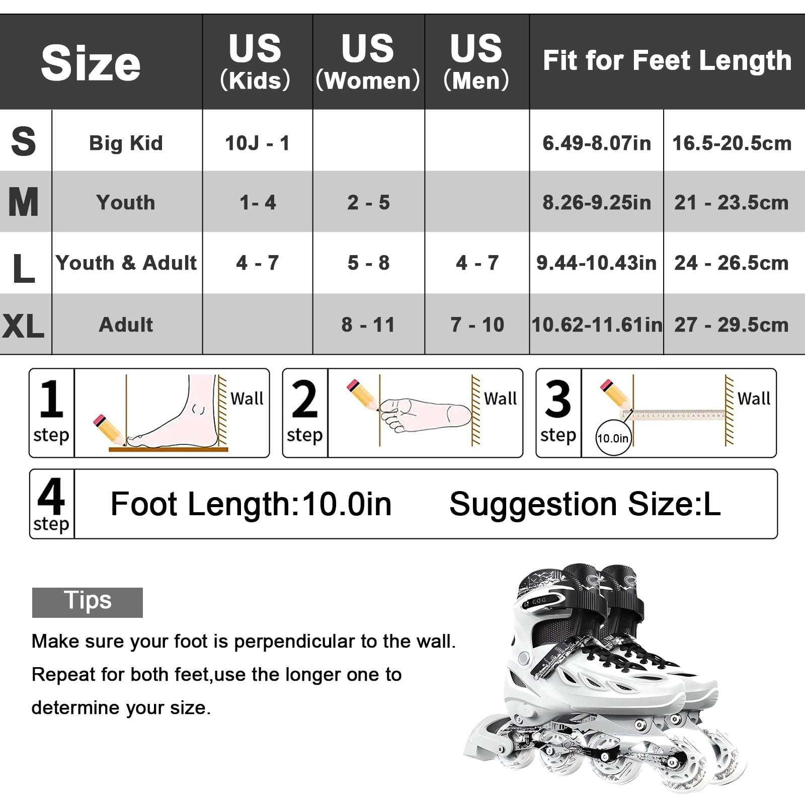 LPAMEOIU Youth Inline Skates with Light-Up-Wheel,Adjustable-Size Roller Skates for Girl Boy Teen(White,M)