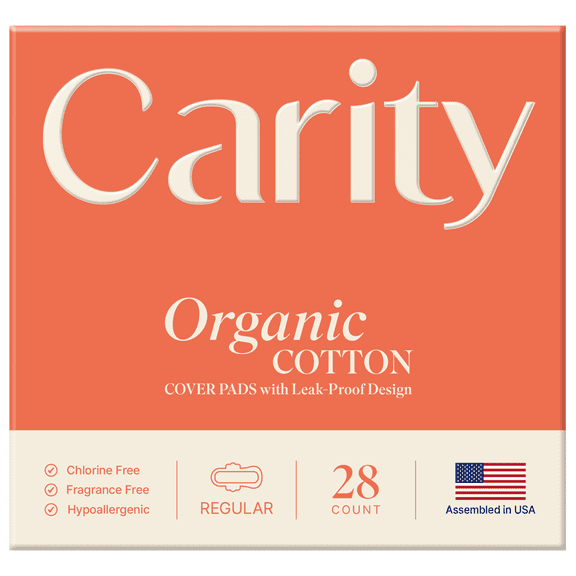 Carity Organic Cotton Pads, Ultra Thin Pad with Wings, Regular Absorbency, Unscented (Regular, 28 Count)