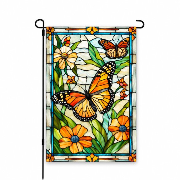 Decorative Garden Flag 12x18 Inch Butterfly & Floral Stained Glass Design Outdoor Yard Flag for Spring, Summer Patio, Lawn, Porch Decor