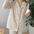 thumbnail image 4 of Pijama de manga larga para mujer, 2 piezas, informal, dulce, cómodo, con botones, ropa de dormir para estudiantes, primavera, otoño, azul, amor M, 4 of 8