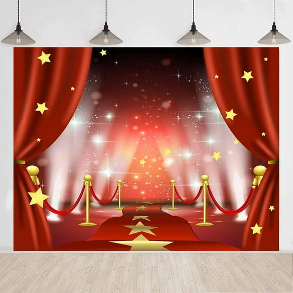 Red Carpet Curtain Golden Stars Hollywood Backdrop for Photography, 8x6FT Events Spotlights Show Banner Background,