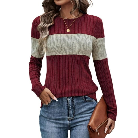 NJWS Women Striped Color Block Knit Sweater Long Sleeve Crew Neck Slim Fit Pullover Top Lightweight Casual Wear for Fall Winter