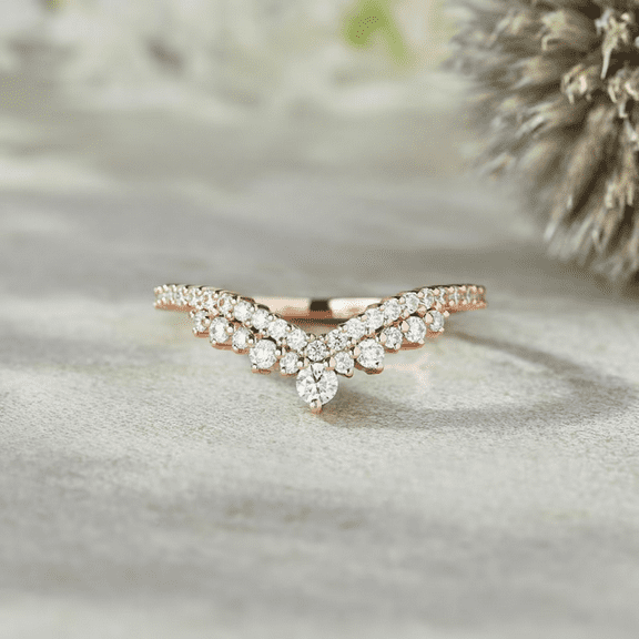 Vintage Diamond Curved Wedding Band in 14k Rose Gold Vermeil - Unique Engagement Ring - Promise Ring - Anniversary Gift For Her