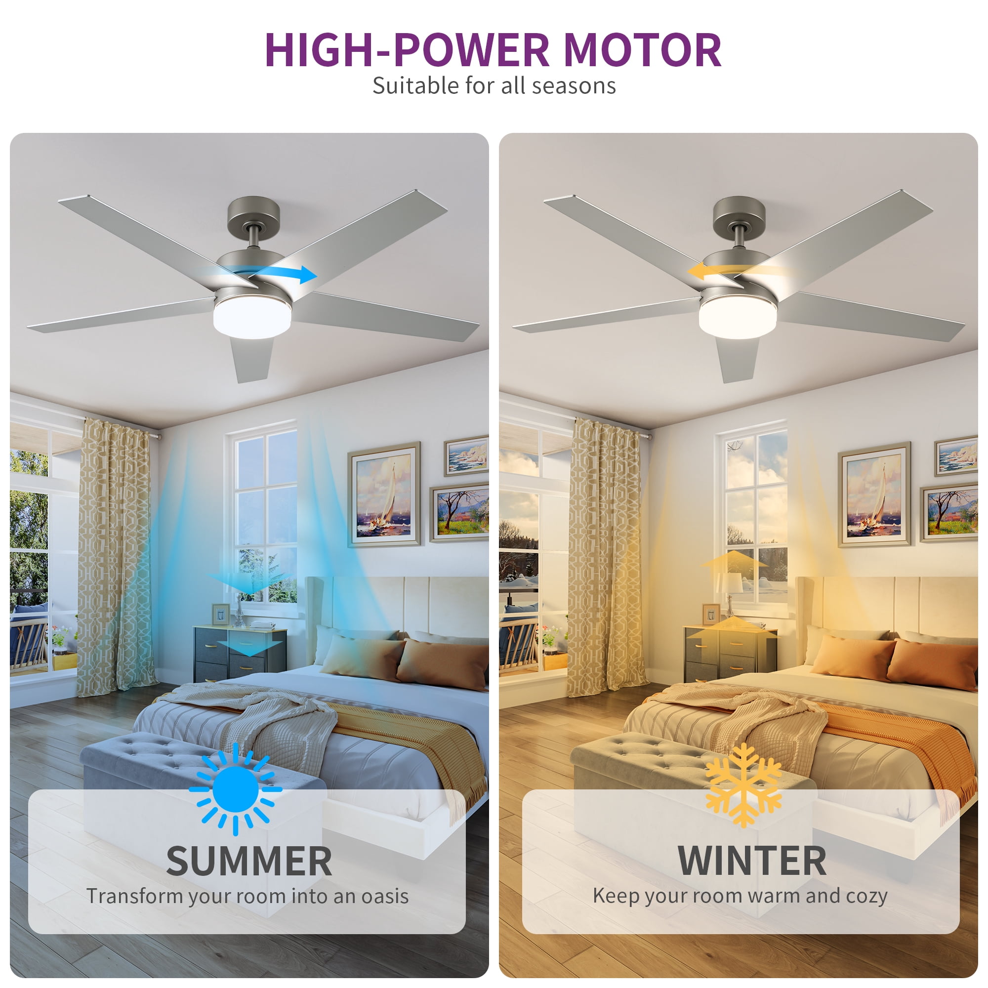 Uforic 52" Modern Ceiling Fan with 5-Blade Ceiling Fan with Dimmable Tri-Color Light for Bedroom, Living Room, Silver