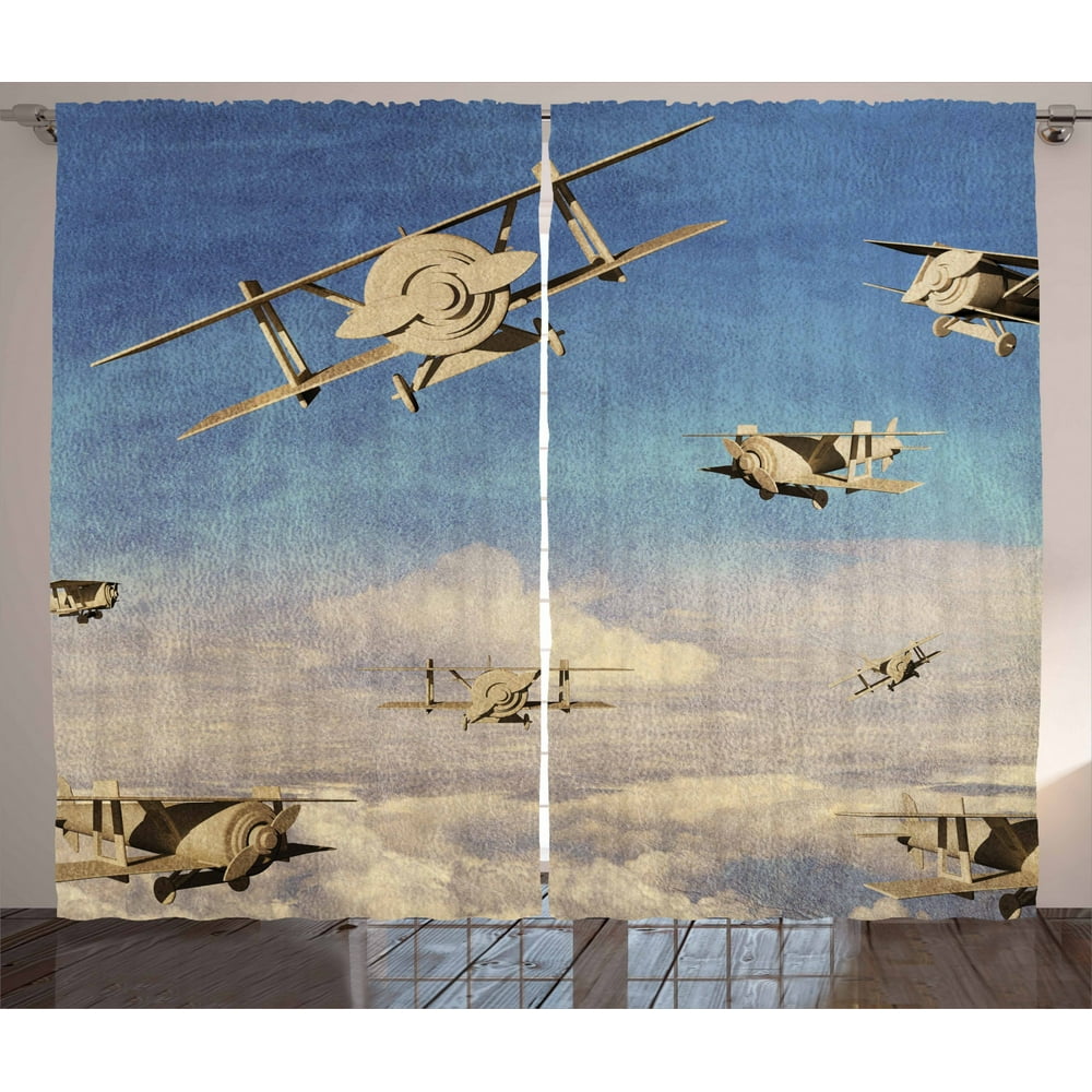 Airplane Curtains 2 Panels Set, 3d Style Retro Biplanes Flying on the
