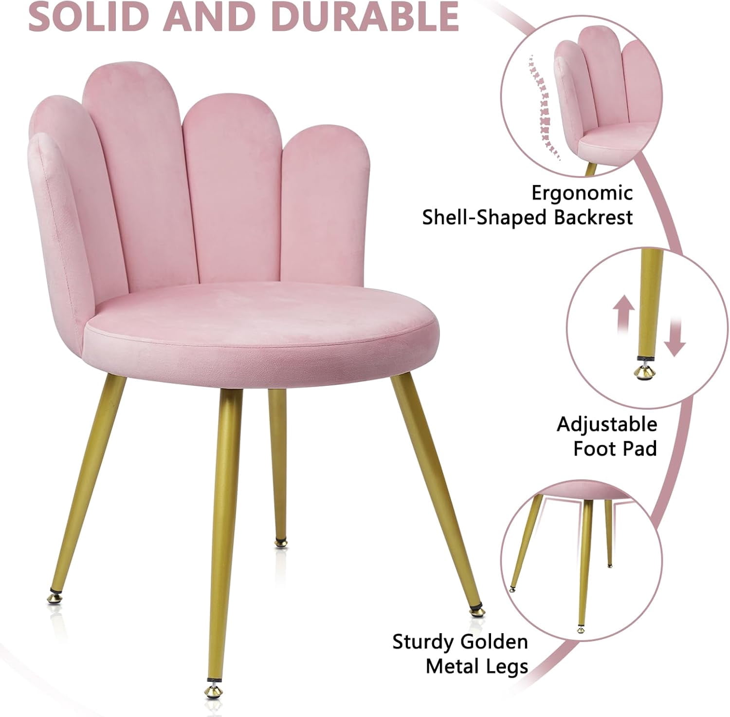 CLATINA Velvet Vanity Chair, Mid Century Modern Upholstered Chair with Back Support, Cute Living Room Chair with Gold Legs, Comfy Makeup Chairs for Bedroom Dressing Study No Wheels,Pink