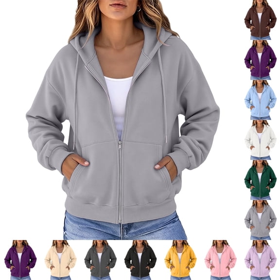 UDAUDU Zip Up Y2k Hoodies for Women 2026 Fall Casual Long Sleeve Sweatshirts Lightweight Comfort Soft Jackets Gray M